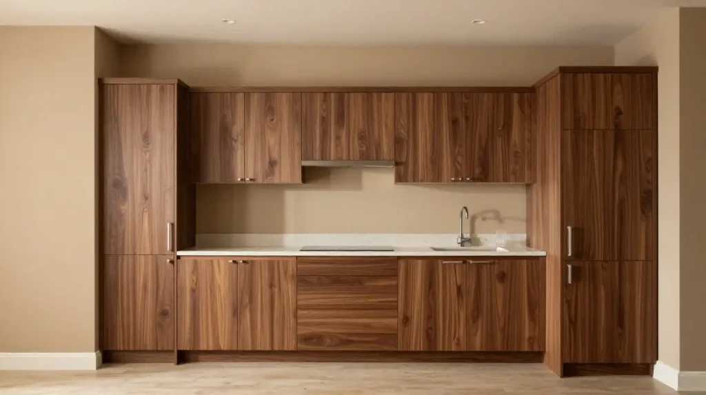 Warm Walnut Kitchen Cabinets with Painted Walls