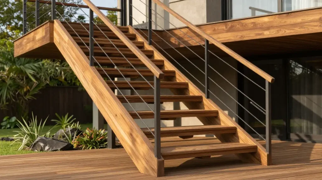 Warm Wood With Minimalist Steel Railings