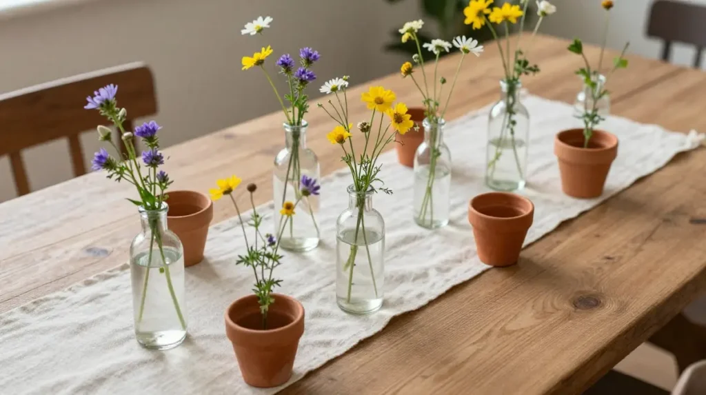 Wildflower Table Arrangement in Simple Vessels
