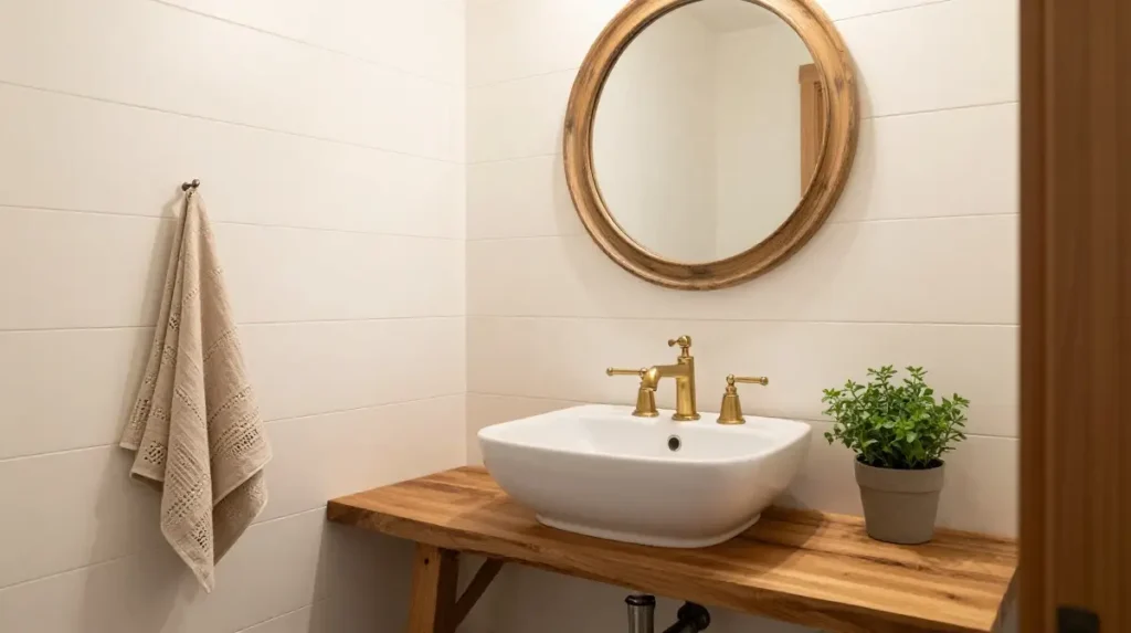 A Farmhouse Powder Room With Warm Wood Tones