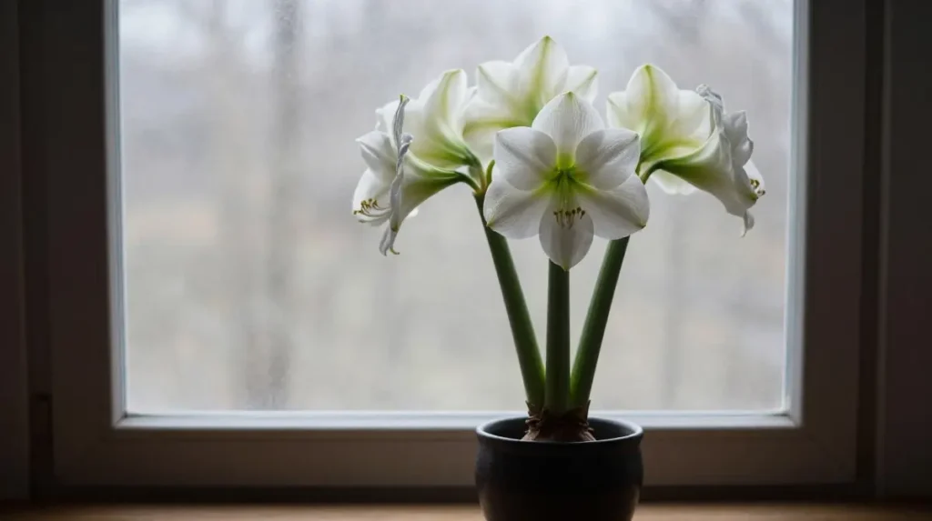 All-White Amaryllis Arrangement in a Dark Vessel