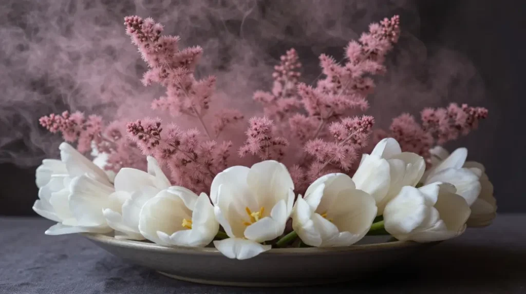 Atmospheric Arrangement Using Smoke Bush and White Tulips