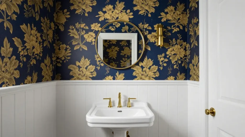 Bathroom Wainscoting Paired With Wallpaper Above
