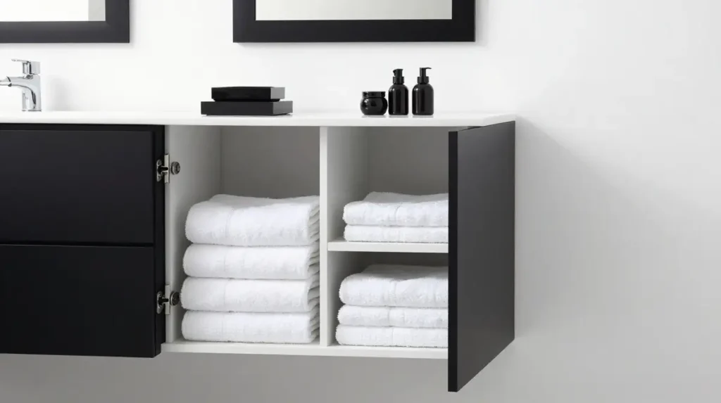 Black Cabinet with White Walls and Open Shelving