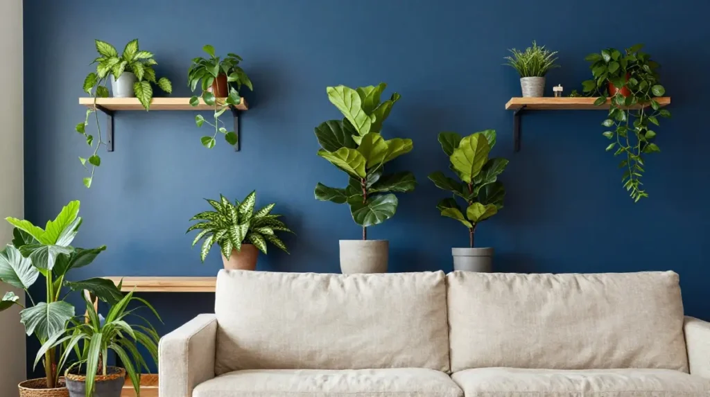 Blue Decor With Indoor Plants for a Living Room That Breathes