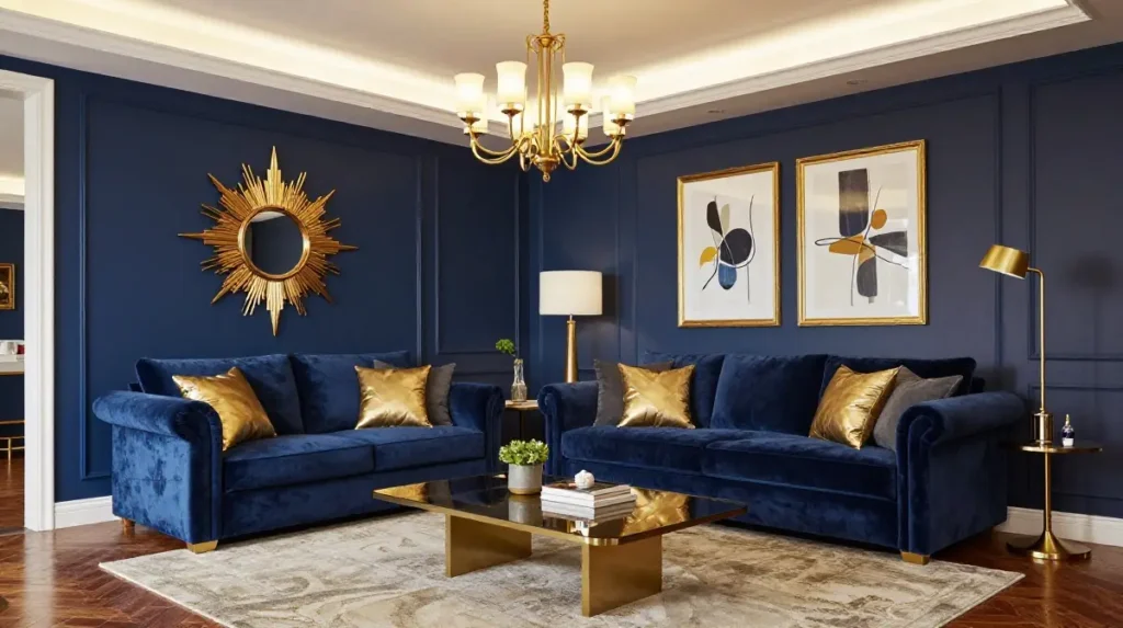Blue and Gold Living Room for a Luxurious Finish