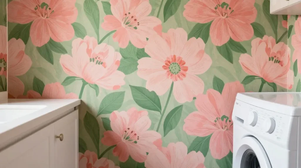 Bold floral wallpaper for a cheerful laundry corner