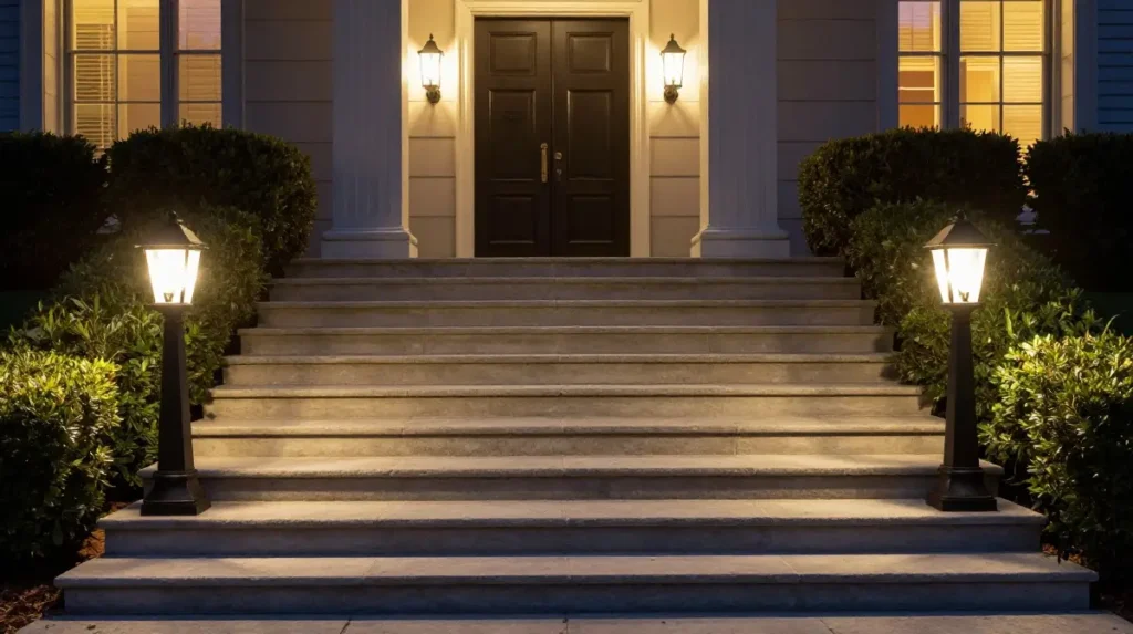 Bollard Lights Flanking Wide Entrance Stairs