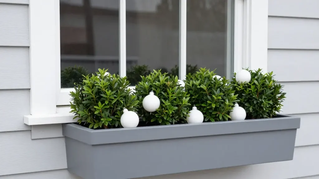 Boxwood and White Ornament Display
