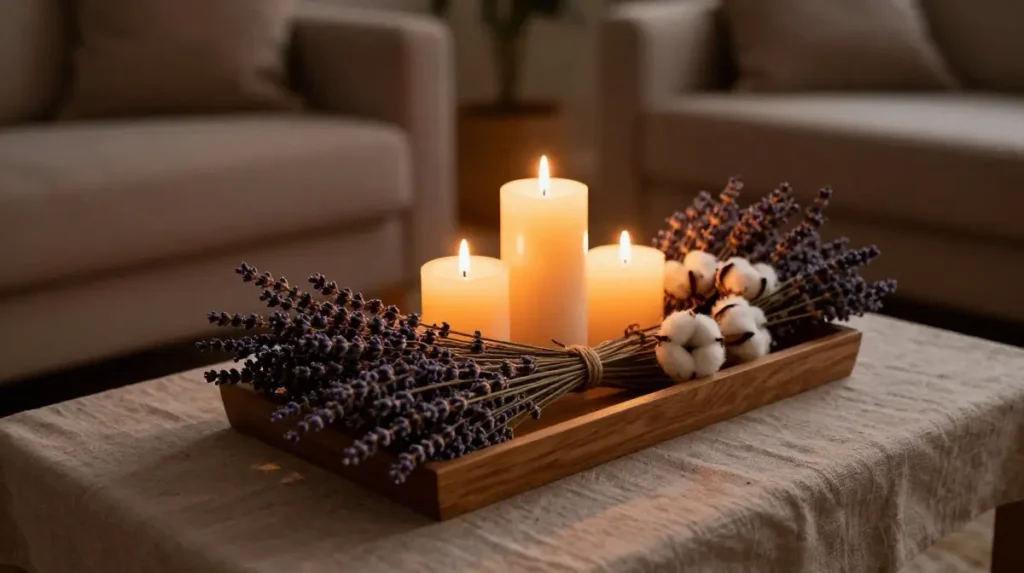 Candlelit Floral Display with Dried Lavender and Cotton Stems
