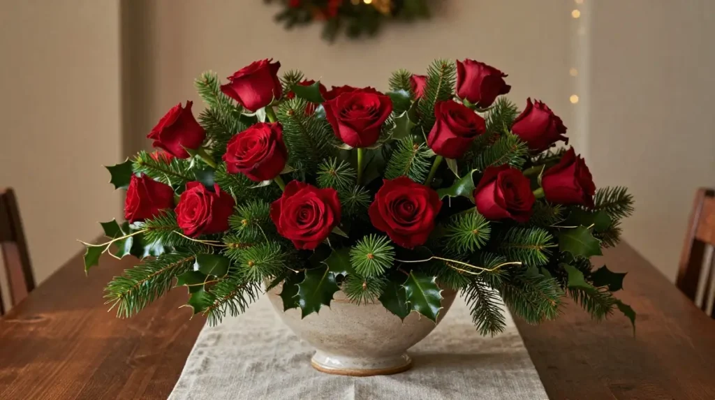 Christmas Floral Arrangements with Deep Red Roses and Greenery