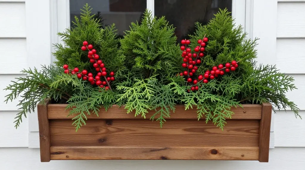 Classic Evergreen and Red Berry Window Box
