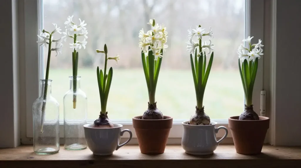 Cozy Cottage Flowers with Forced Bulbs in Vintage Vessels