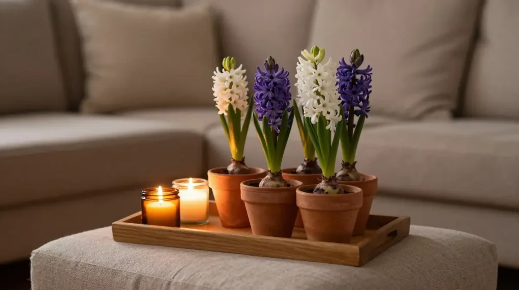 Cozy Living Room Flowers with Hyacinths and Candle Jars