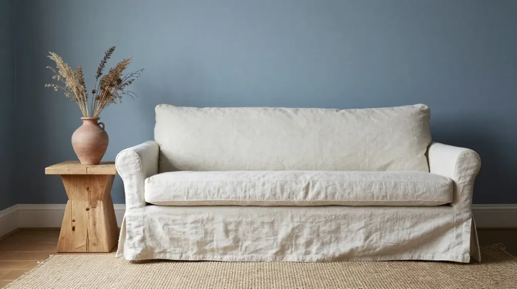 Dusty Blue and Natural Linen for a Quiet, Layered Look