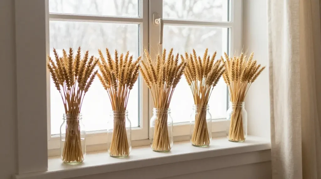 Farmhouse Winter Decor with Wheat Stems and Mason Jars