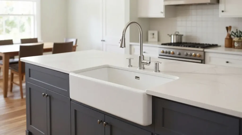 Farmhouse sink on a kitchen island