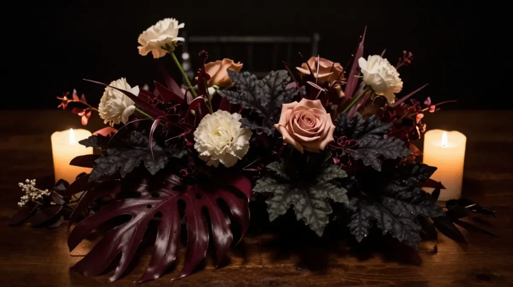 Festive Table Flowers with Dark Foliage and Candlelight