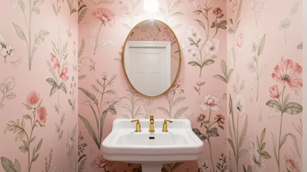 Floral Wallpaper in a Pink Bathroom