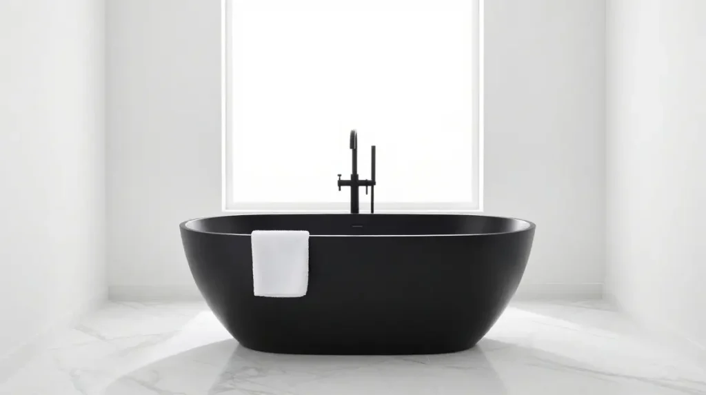 Freestanding Black Bathtub in a White Room