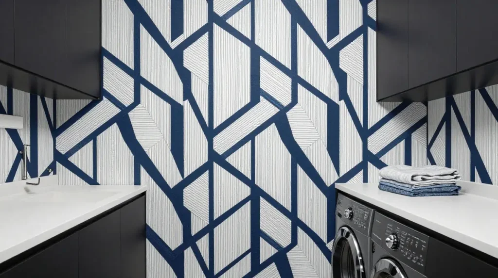 Geometric wallpaper for a modern laundry room