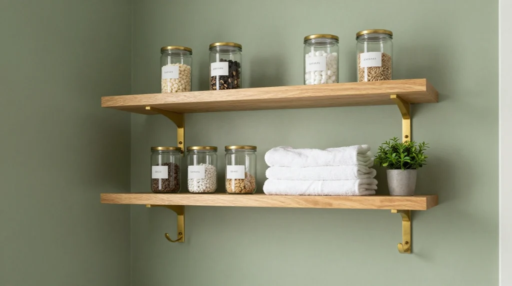 Green Laundry Room With Floating Shelves and Brass Fixtures