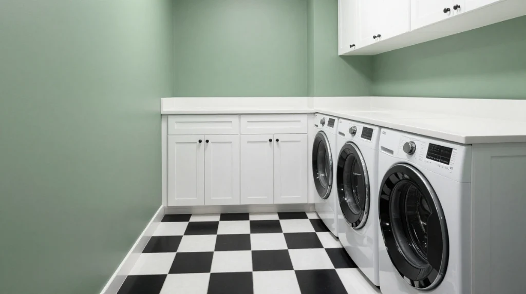 Green Laundry Room With Patterned Tile Flooring