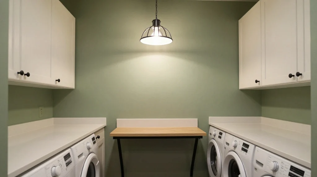 Green Laundry Room With Pendant Lighting