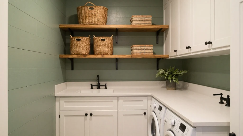 Green Laundry Room With Shiplap Walls