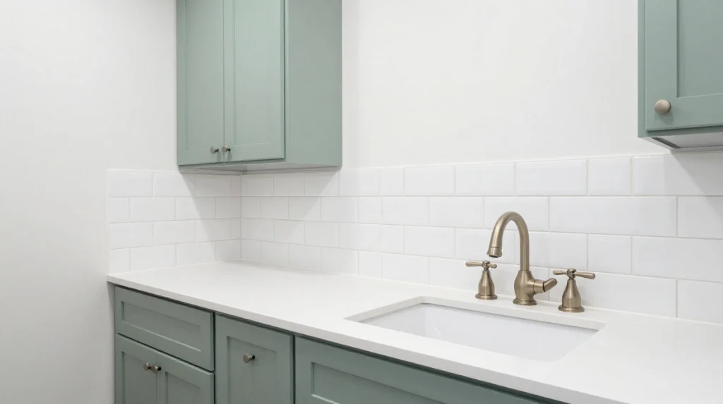 Green Laundry Room With Subway Tile Backsplash