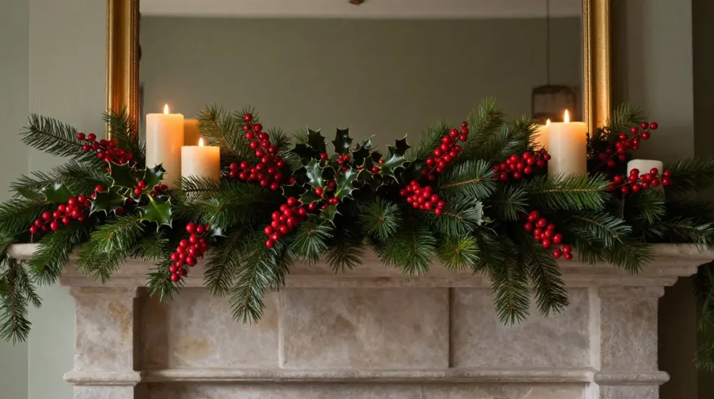 Holly Berry and Evergreen Floral Mantel Display