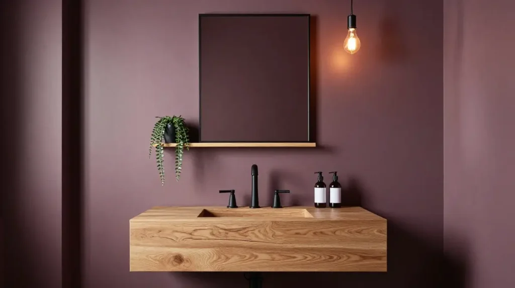 Mauve Bathroom With Natural Wood
