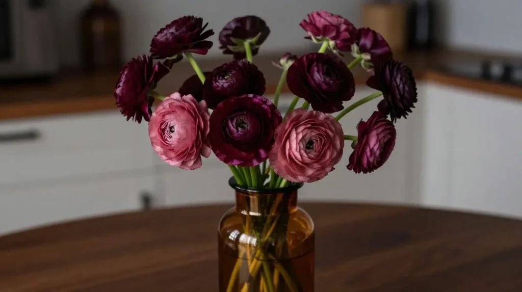 Moody Ranunculus Bouquet in Amber Glass
