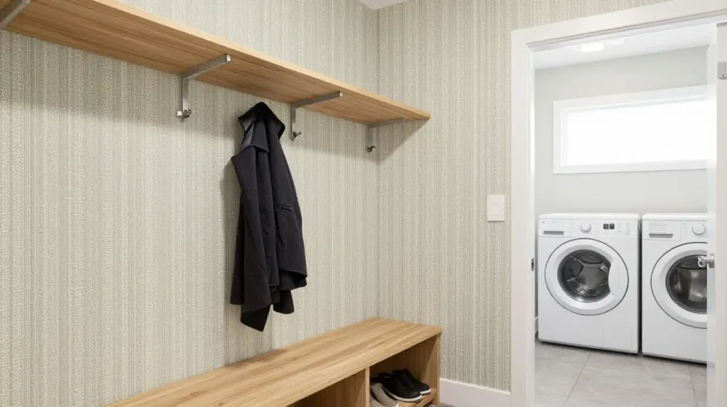 Mudroom wallpaper for combined laundry and entry spaces