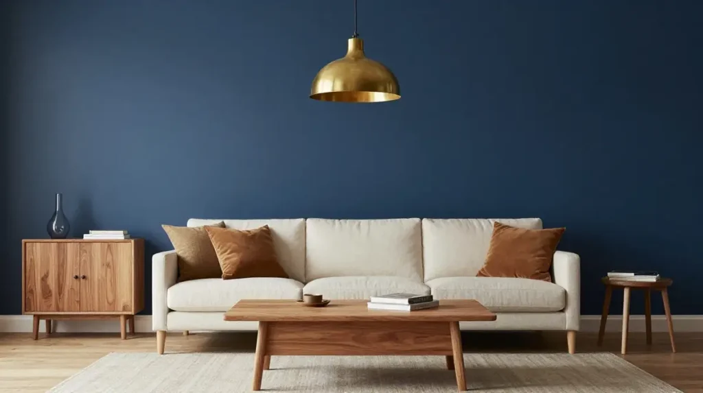 Navy Blue Accent Wall With Warm Wood Furniture