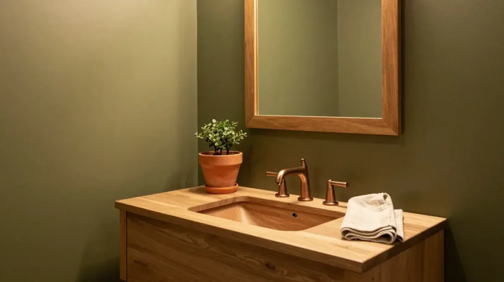Olive Green Bathroom with Warm Wood Tones