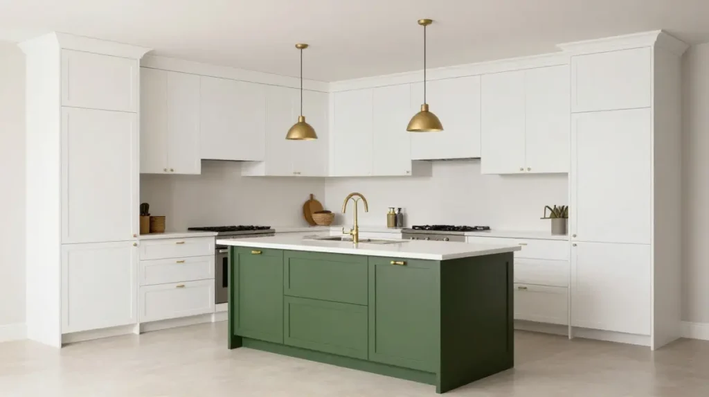 Olive Green Island With White Perimeter Cabinets
