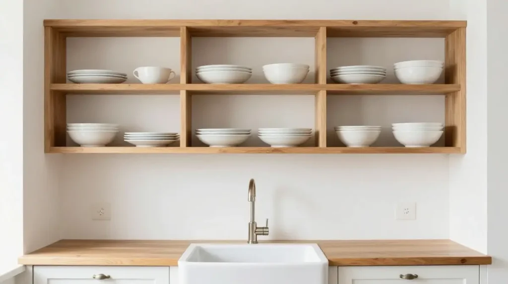Open shelving above the sink area