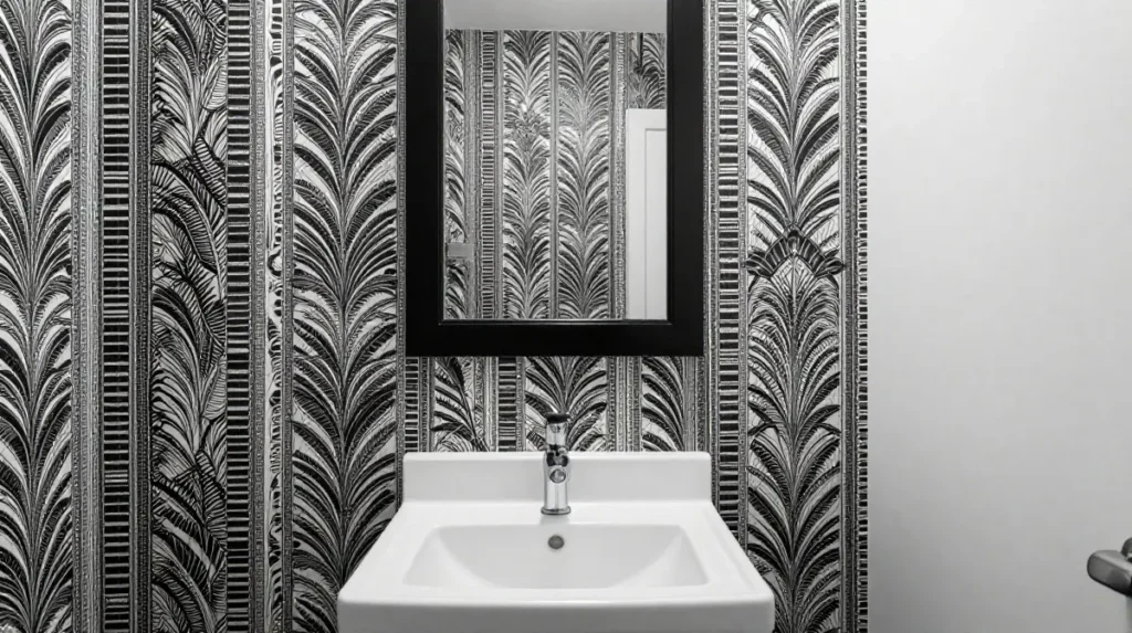 Patterned Wallpaper in a Black and White Bathroom