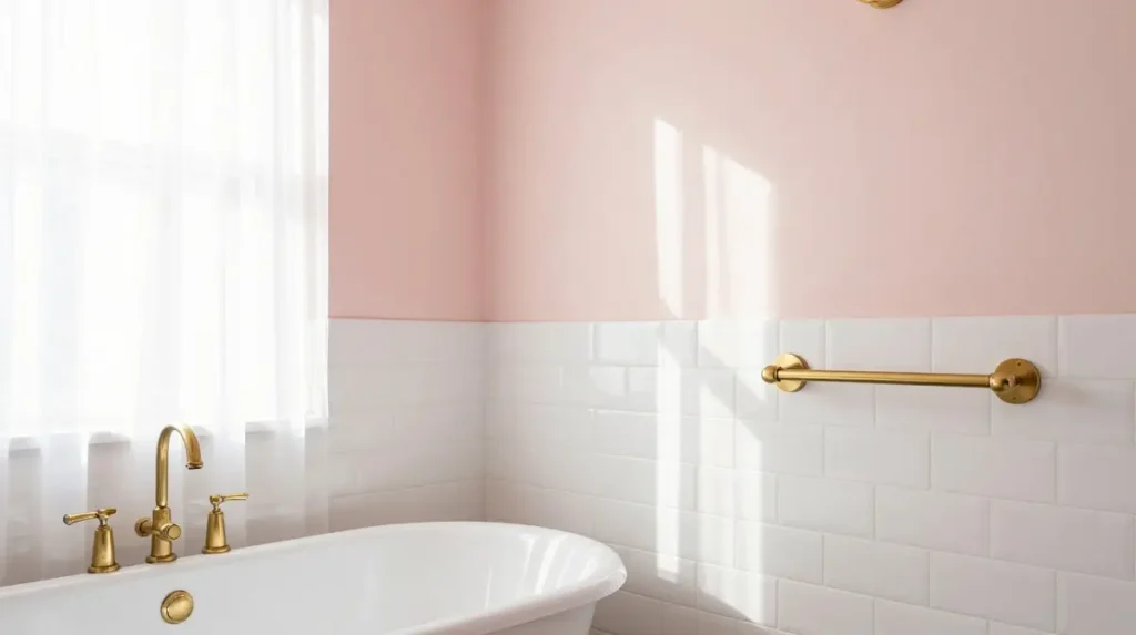 Pink Bathroom With Brass Fixtures