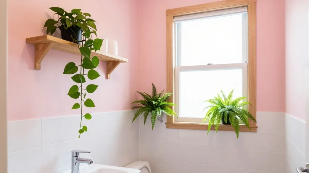 Pink Bathroom With Plants and Greenery