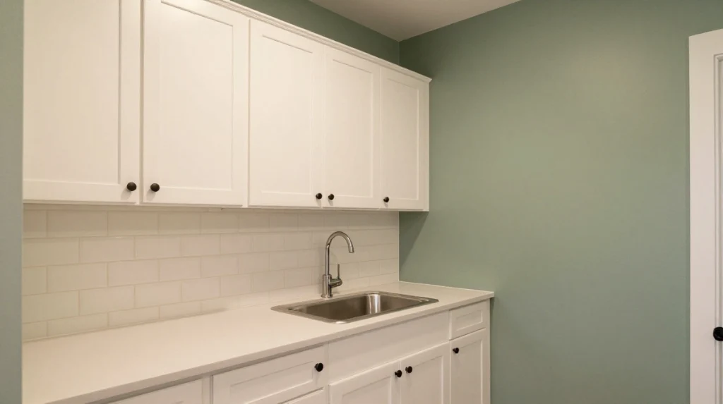 Sage Green Walls With White Shaker Cabinets