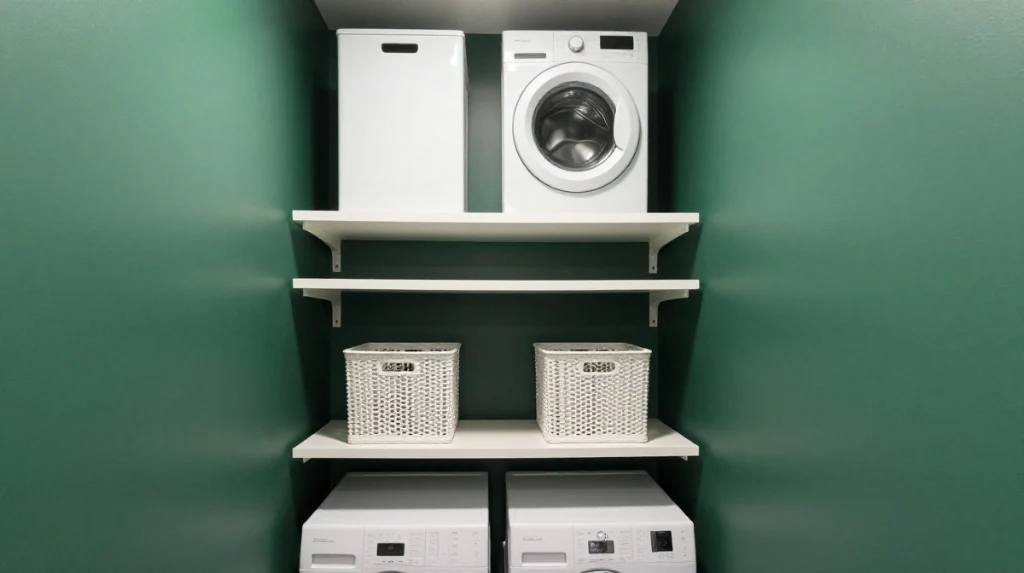 Small Green Laundry Room With Open Shelves