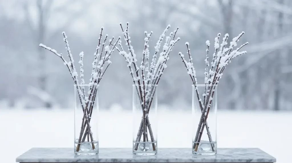Snowy Branch Decor in a Tall Glass Cylinder