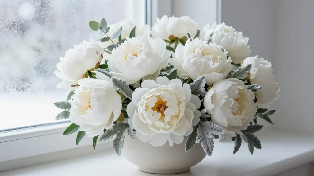 Snowy Floral Aesthetic Using White Peonies and Frosted Foliage