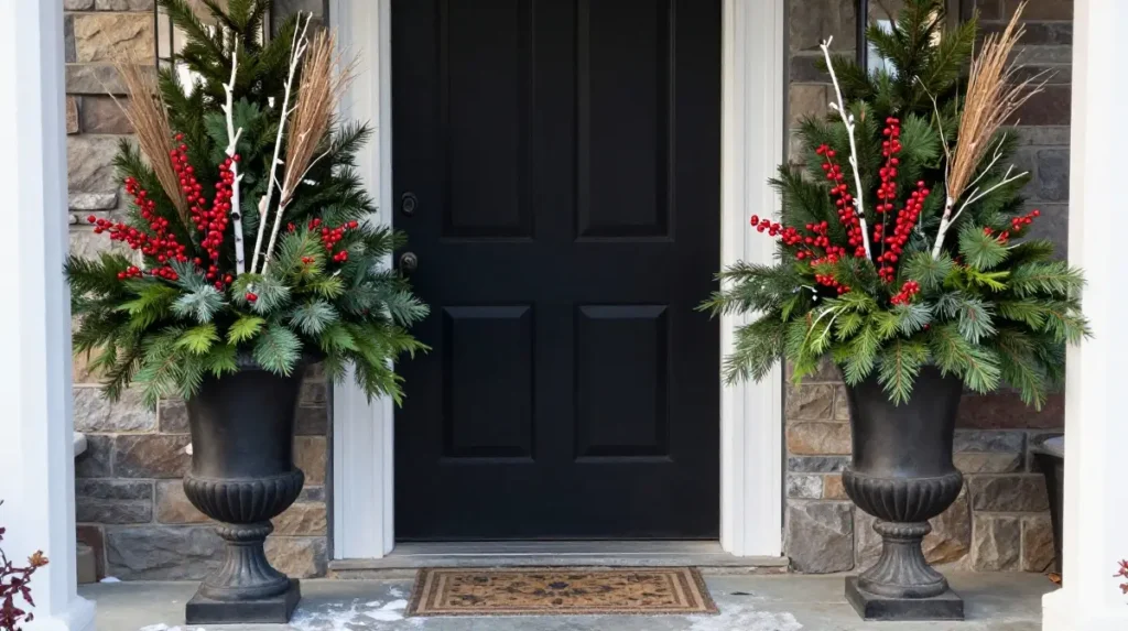 Styling Porch Urns with Evergreen Arrangements