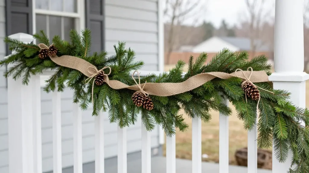 Styling the Porch Railing with Winter Greenery and Ribbon