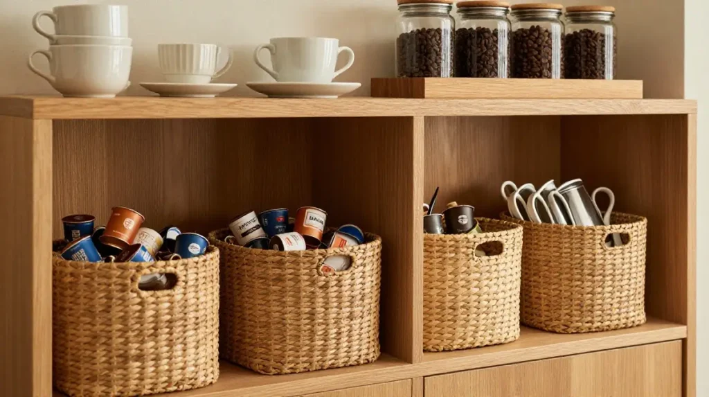 The Coffee Bar With Open Shelving and Basket Storage