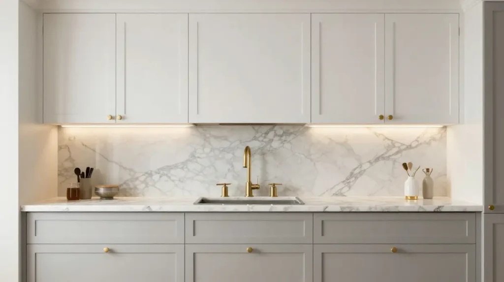 Two Tone Cabinets With a Marble Countertop