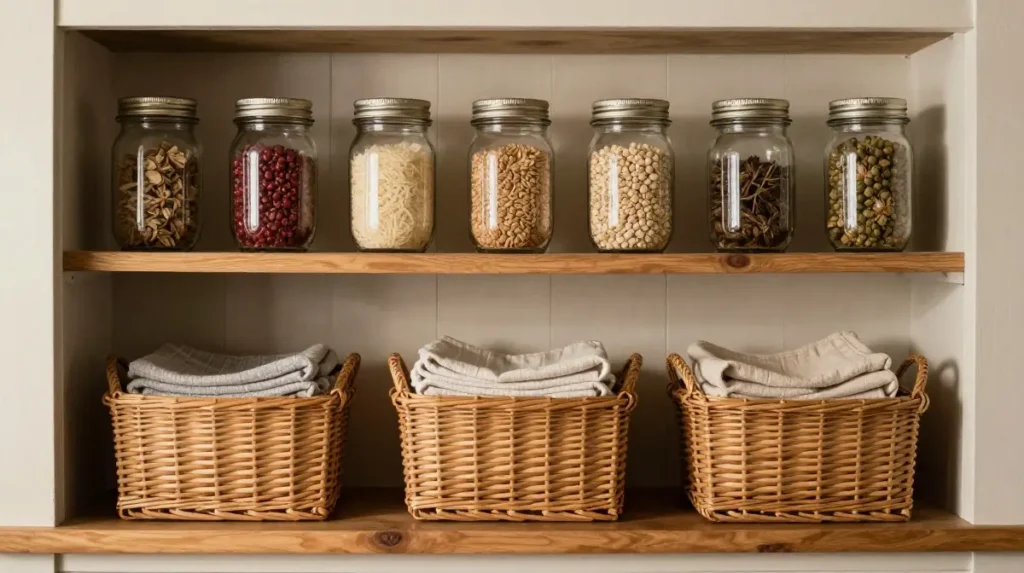 Use Mason Jars and Wicker Baskets for Storage